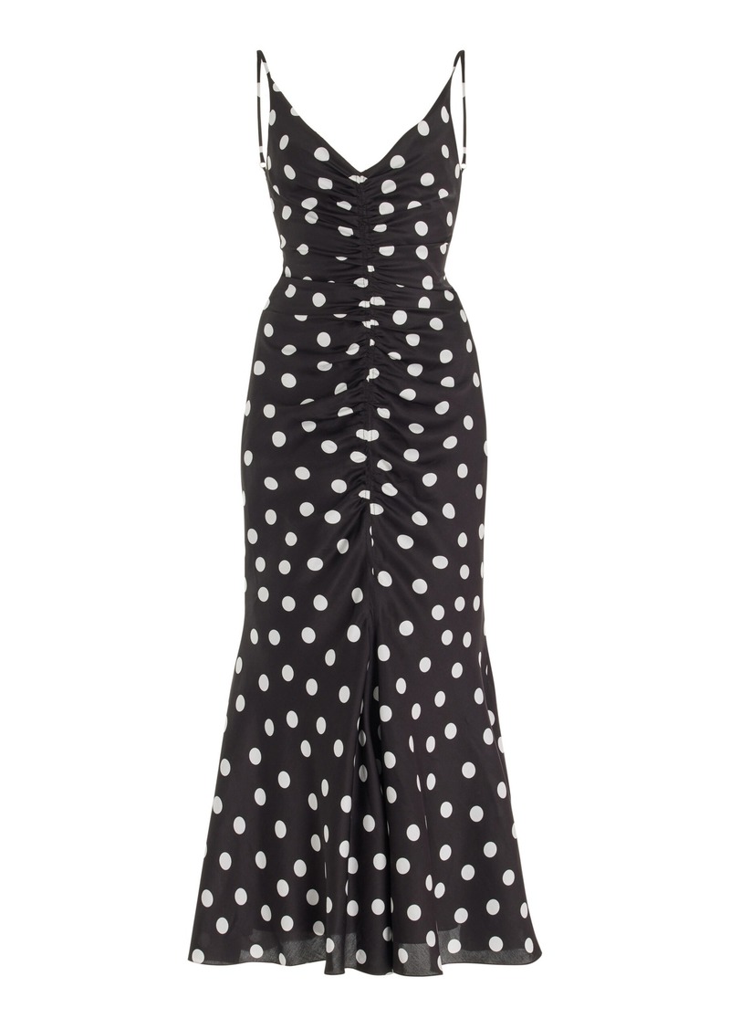 Carolina Herrera - Ruched Polka-Dot Midi Dress - Black/white - US 4 - Moda Operandi