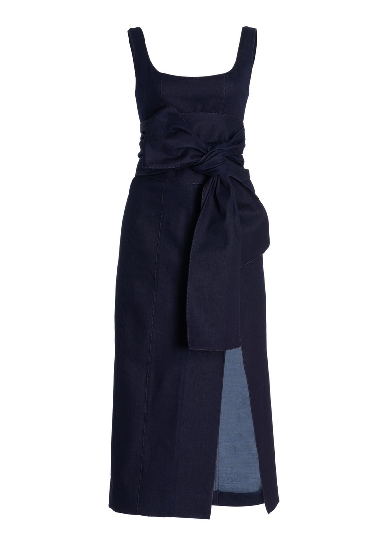 Carolina Herrera - Sash-Detailed Cotton-Blend Midi Dress - Navy - US 6 - Moda Operandi