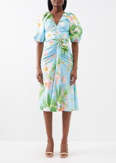 Carolina Herrera - V-neck Tropical-print Gathered Cotton-blend Dress - Womens - Light Blue