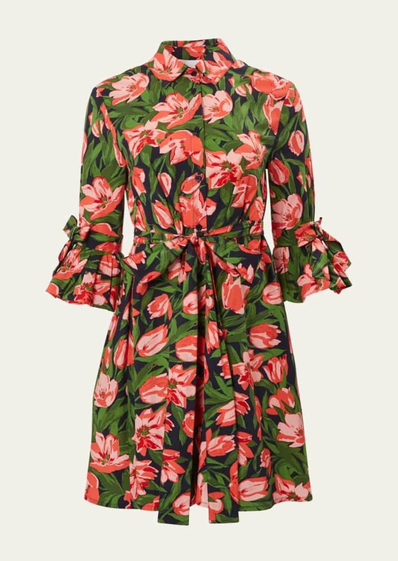 Carolina Herrera Belted Mini Shirtdress with Bow Flounce Sleeves