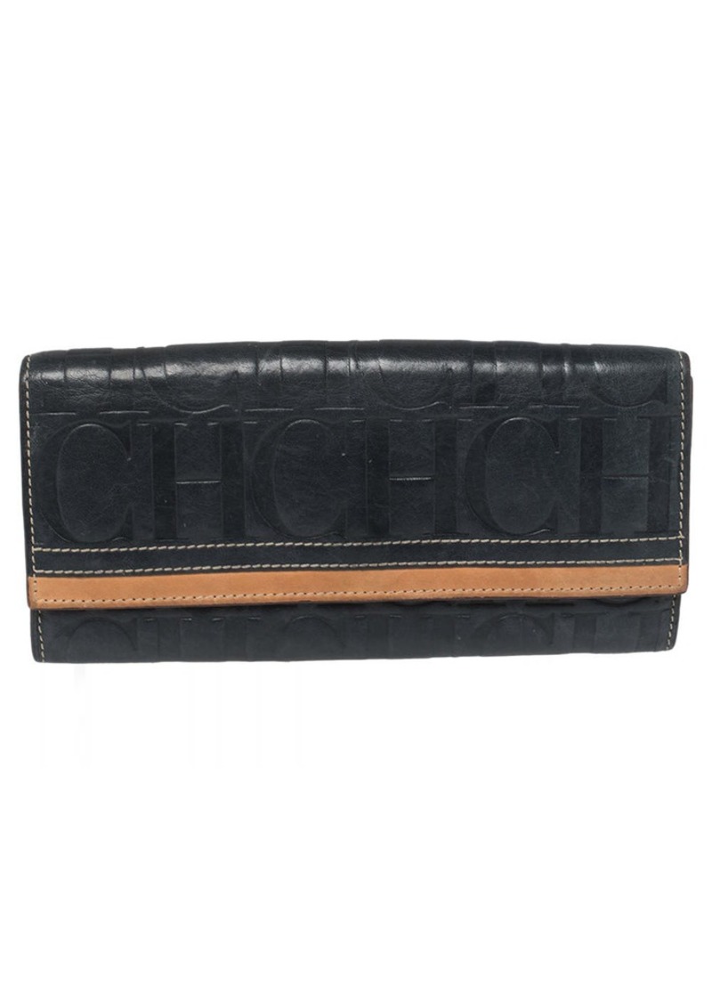 Carolina Herrera Blue/tan Embossed Leather Flap Wallet