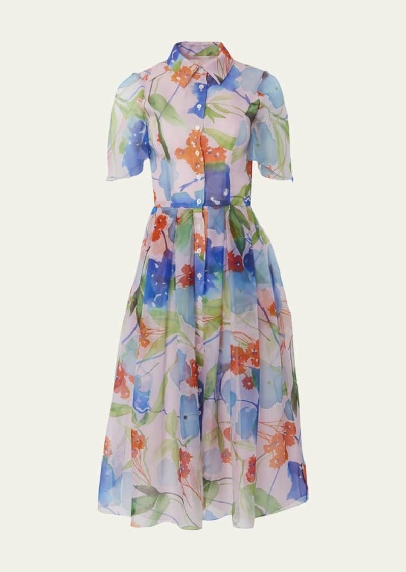 Carolina Herrera Button-Front Floral-Print Midi Dress with Tie Belt