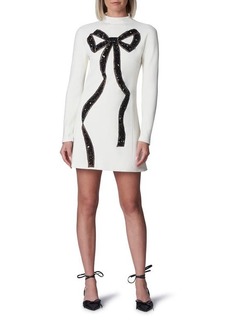 Carolina Herrera Embellished Bow Detail Long Sleeve Wool Blend Dress in Ivory/Black at Nordstrom