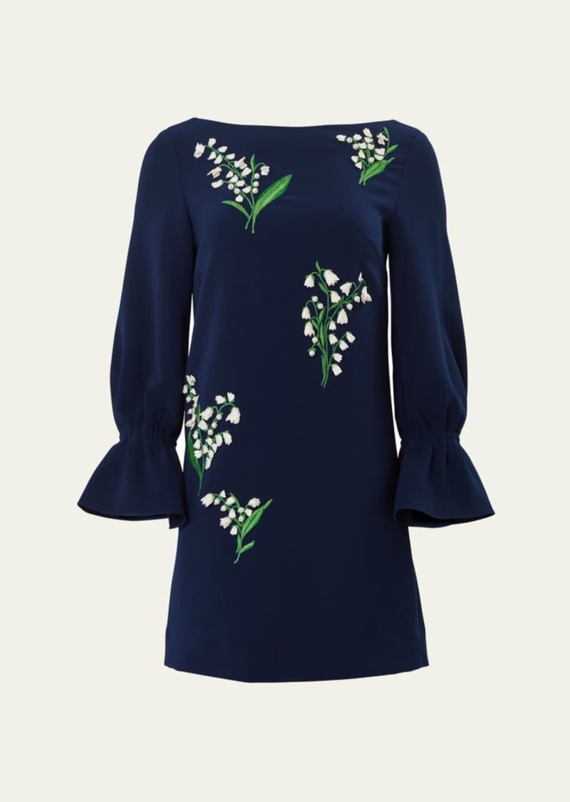 Carolina Herrera Embroidered Shift Dress with Flutter Sleeves