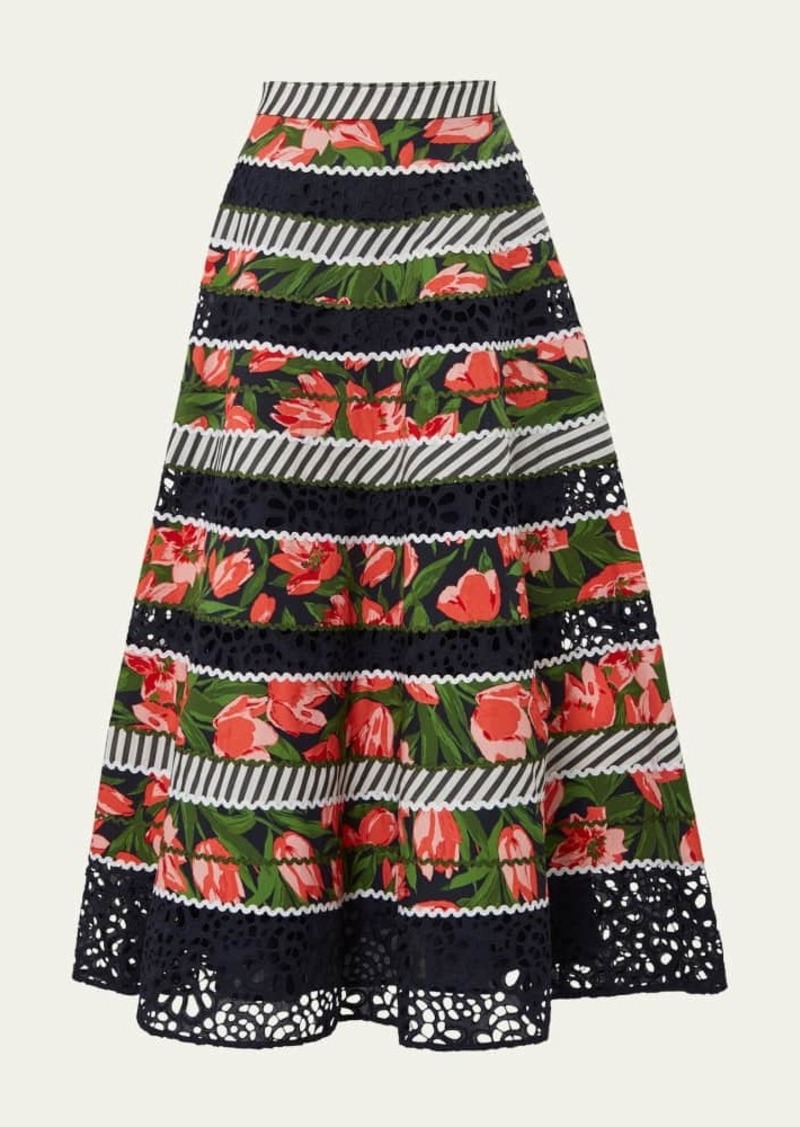 Carolina Herrera Floral and Striped Circle Skirt with Embroidered Detail