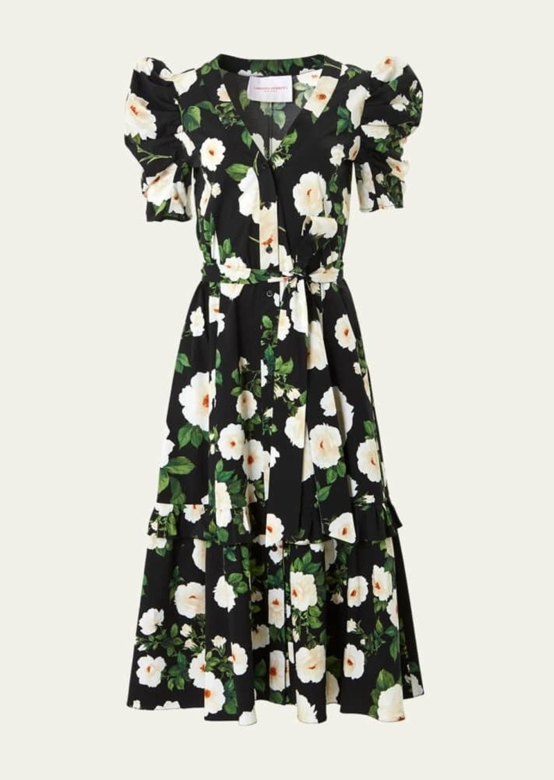 Carolina Herrera Floral Button Front Tiered Midi Dress with Self Belt