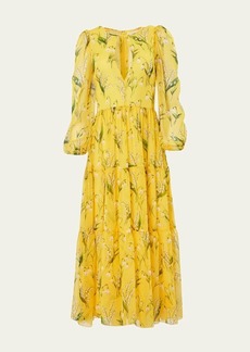 Carolina Herrera Floral Cutout Tiered Midi Dress
