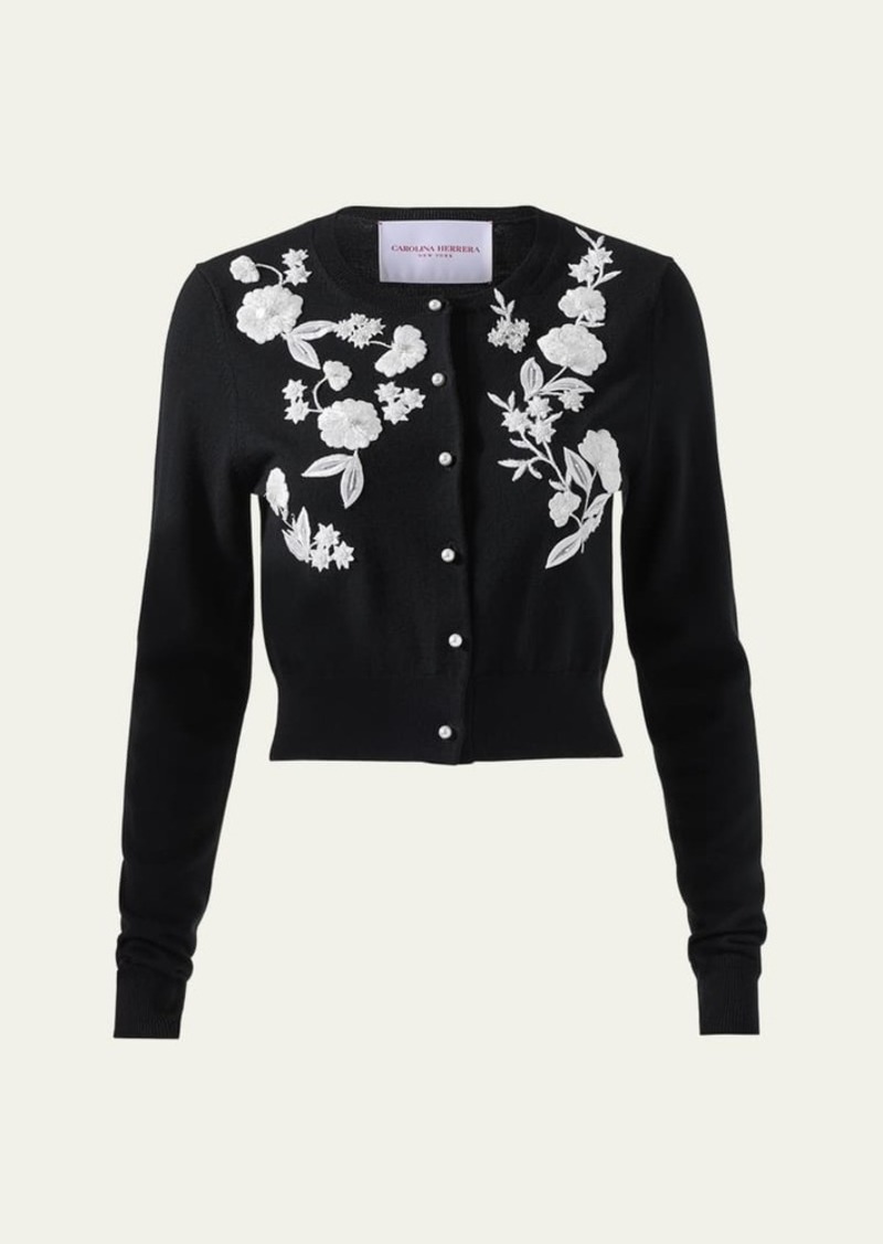 Carolina Herrera Floral Embroidered Crewneck Cardigan With Pearly Buttons