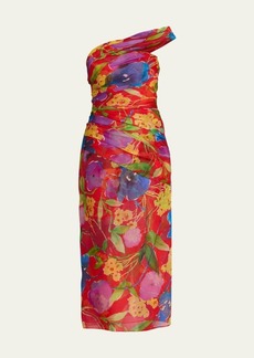 Carolina Herrera Floral One-Shoulder Ruched Midi Dress with Shoulder Sash