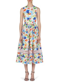 Carolina Herrera Floral Organza Inset Cotton A-Line Dress
