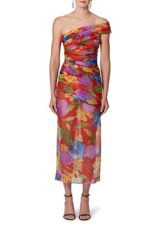 Carolina Herrera Floral Print Ruched One Shoulder Silk Dress