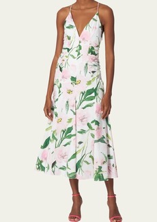 Carolina Herrera Floral Print Ruched V-Neck Midi Dress
