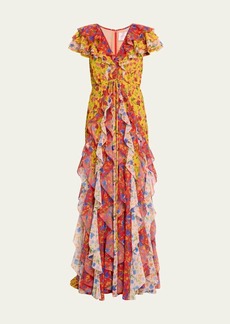 Carolina Herrera Floral Print Ruffled Gown