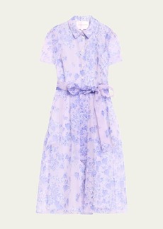 Carolina Herrera Floral-Print Short-Sleeve Belted Organza Midi Shirtdress