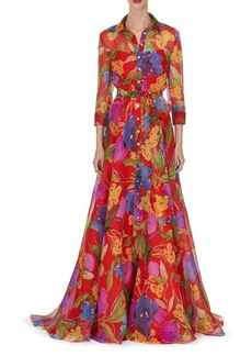 Carolina Herrera Floral Print Silk Chiffon Trench Gown