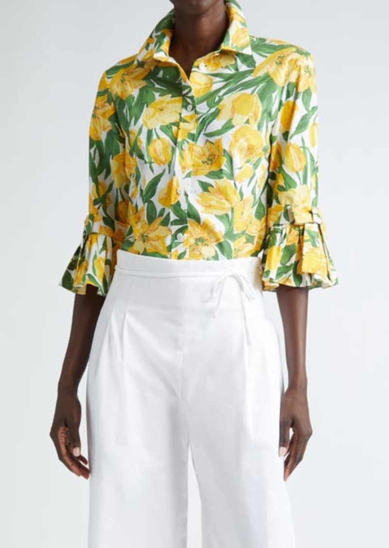 Carolina Herrera Floral Ruffle Stretch Cotton Button-Up Shirt