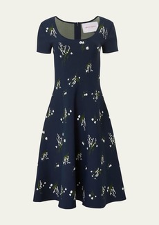Carolina Herrera Floral Short-Sleeve Scoop-Neck Flare Dress