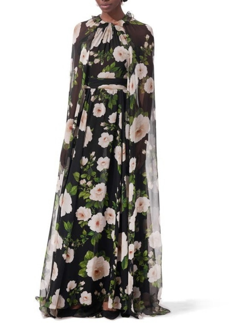 Carolina Herrera Floral Silk Halter Neck Gown with Detachable Cape