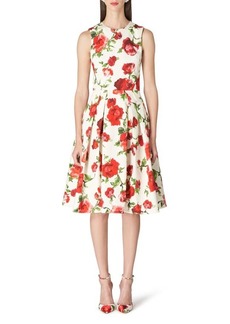 Carolina Herrera Floral Sleeveless Pleated Stretch Cotton A-Line Midi Dress