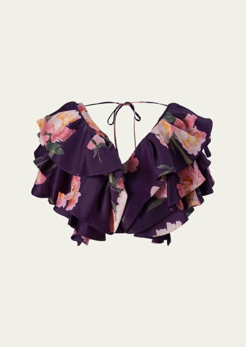 Carolina Herrera Floral V-Neck Folded Ruffle Crop Top