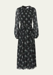 Carolina Herrera Gathered Floral Print Midi Dress with Tie Belt