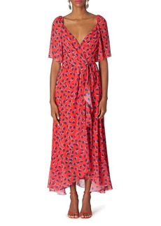 Carolina Herrera Heart Print Flutter Sleeve Chiffon Wrap Dress