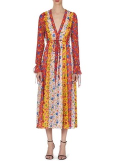 Carolina Herrera Mixed Floral Stripe Long Sleeve Chiffon Midi Dress