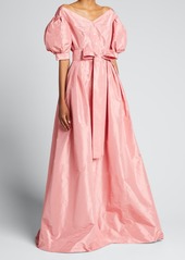 Carolina Herrera Shirred Puff Sleeve Silk Sarong Gown