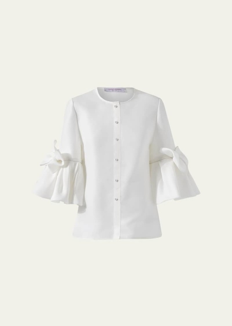 Carolina Herrera Pearly Button Bow Ruffle-Sleeve Silk Top