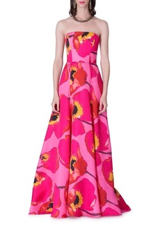 Carolina Herrera Poppy Print Strapless Silk Gown