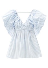 Carolina Herrera Puff-sleeve pleated V-neck stripe cotton-blend top