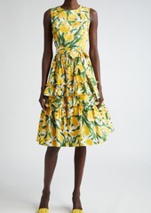 Carolina Herrera Tulip Print Sleeveless Stretch Cotton Tiered Dress