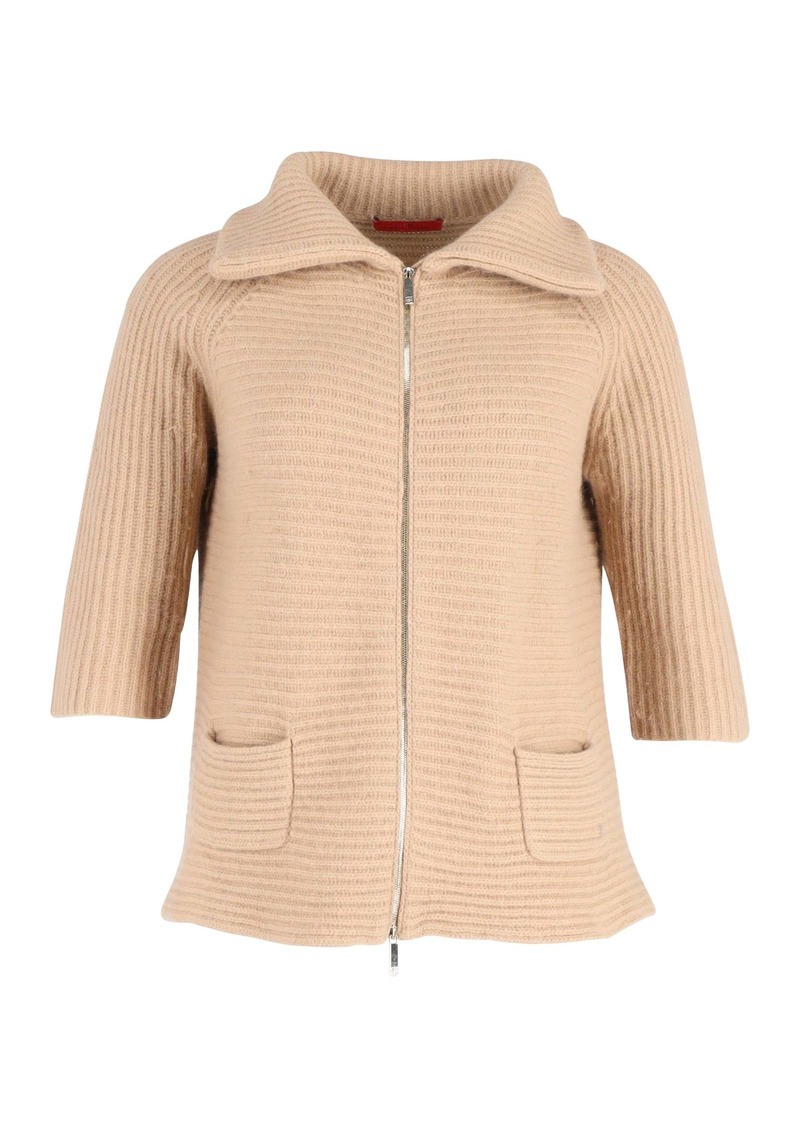 Carolina Herrera Zip Rib Knit Cardigan in Beige Wool