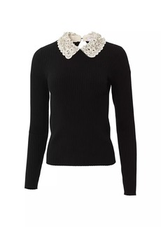 Carolina Herrera Chalet Beaded Lace-Collar Rib-Knit Wool Sweater