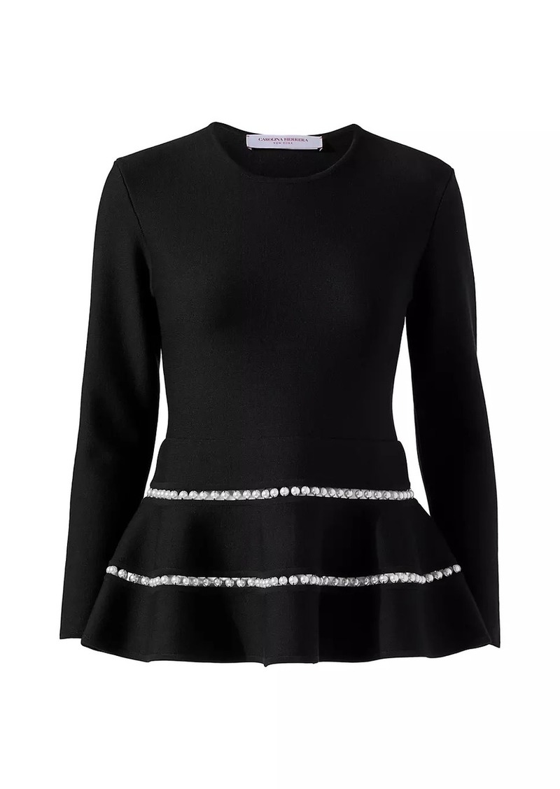 Carolina Herrera Embellished Virgin Wool-Blend Peplum Top