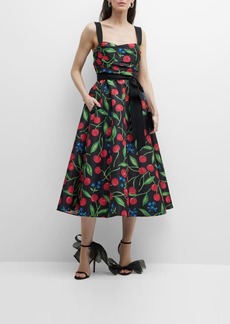 Carolina Herrera Cherry-Print Draped Sash Midi Dress
