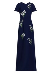 Carolina Herrera Embroidered Crewneck Short-Sleeve Gown