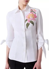 Carolina Herrera Embroidered Floral Tie-Cuff Cotton Shirt