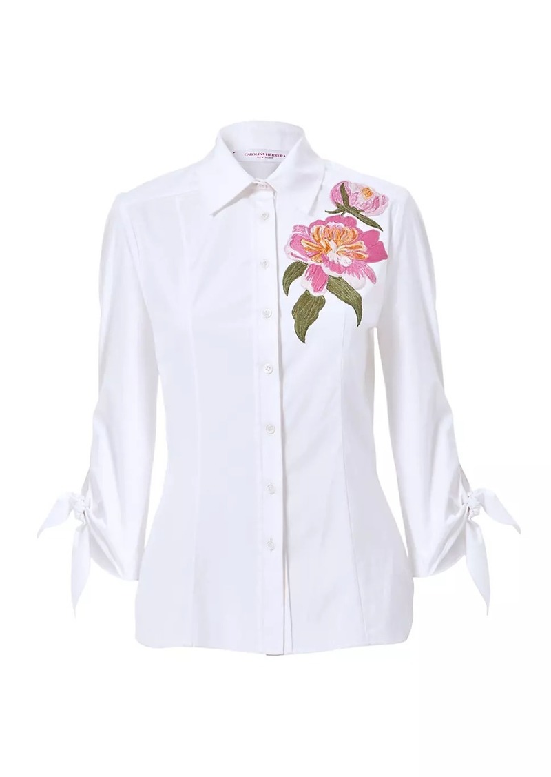 Carolina Herrera Embroidered Floral Tie-Cuff Cotton Shirt