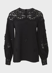 Carolina Herrera Embroidered Puff-Sleeve Top with Lace Panels 