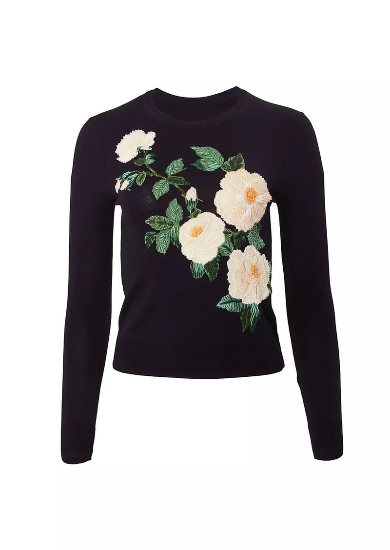 Carolina Herrera Embroidered Wool-Silk Crewneck Sweater