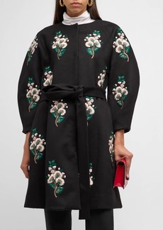 Carolina Herrera Floral Embroidered Cashmere Belted Collarless A-Line Coat