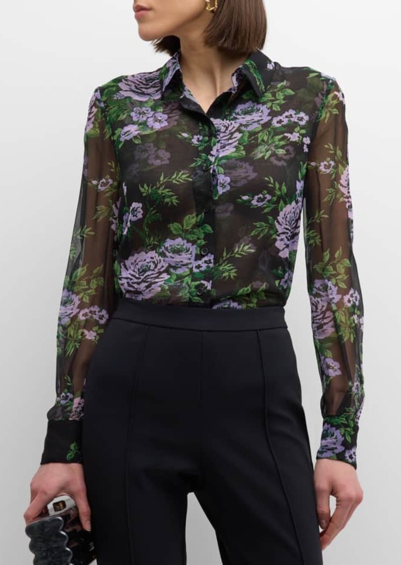 Carolina Herrera Floral-Print Collared Chiffon Silk Blouse