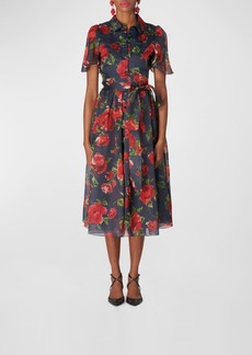 Carolina Herrera Floral Print Collared Midi Dress with Tie Belt 