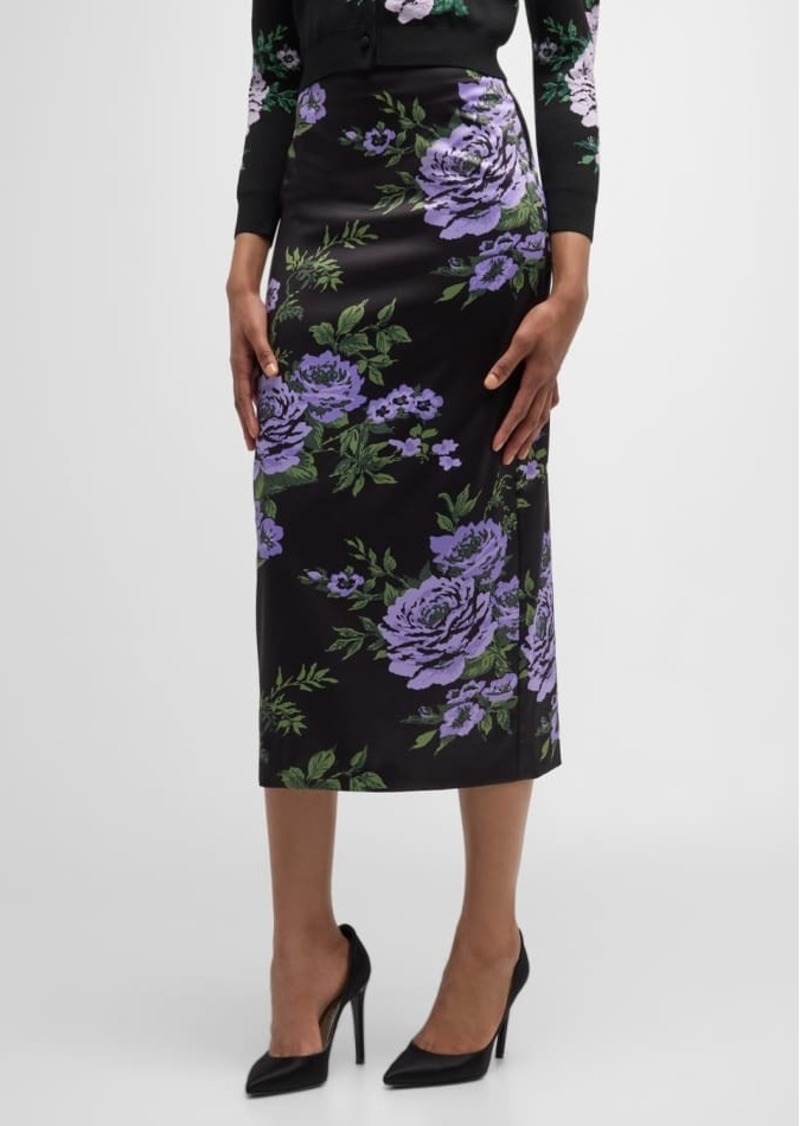 Carolina Herrera Floral-Print Satin Midi Pencil Skirt