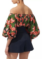 Carolina Herrera Floral Stretch-Cotton Puff-Sleeve Off-the-Shoulder Top