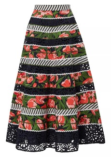 Carolina Herrera Floral Striped Eyelet Maxi Skirt