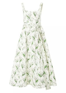 Carolina Herrera Floral Tie-Waist A-Line Midi-Dress