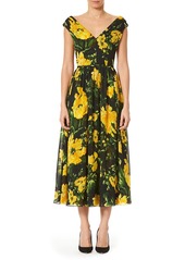 Carolina Herrera Floral V-Neck A-Line Midi Dress