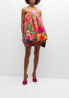 Carolina Herrera Flower-Print Strapless Babydoll Ruffle Mini Dress